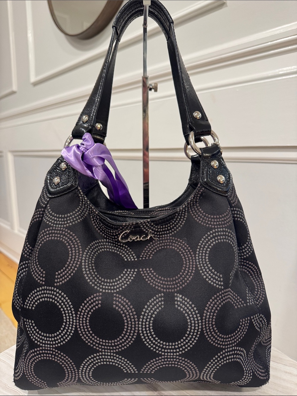 Coach Bag Ashley Dotted Op Art Black Signature Logo Hobo Shoulder Bag - Picture 5 of 17